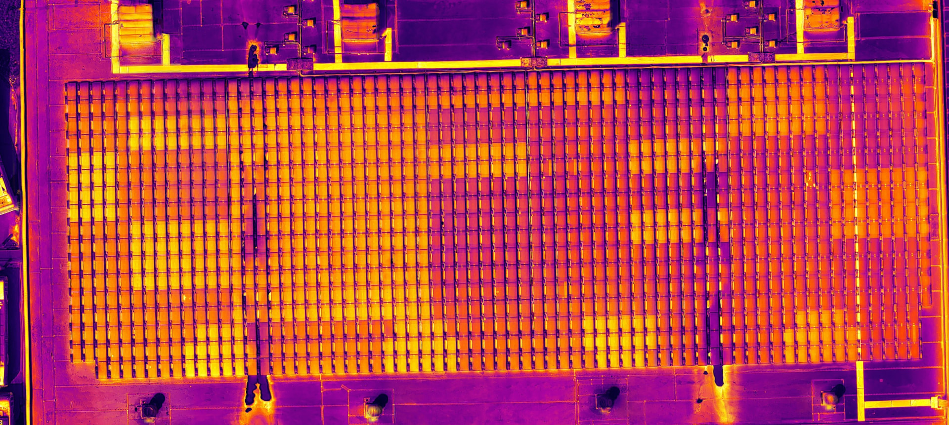 Vanguard thermal roof orthomosaic showing temperature patterns across skylights and rooftop equipment